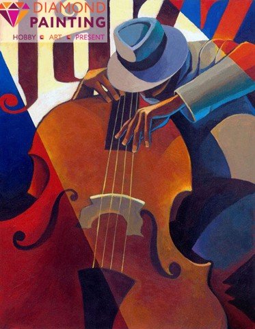 Deimantinė tapyba: stilizuotas mėlynų ir raudonų tonų muzikantas su kontrabosu, vertikali 40×60 cm drobės versija