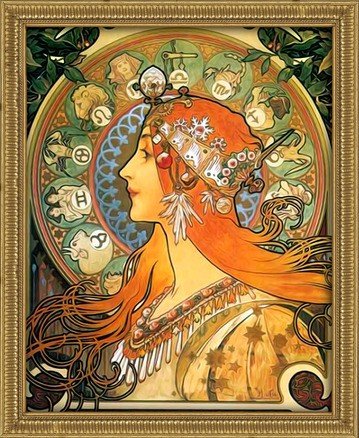 Sieninis paveikslas Alphonse Mucha stiliaus, aukso rėmas, profilio moters kompozicija su zodiako ženklais