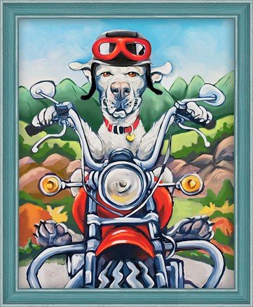 paveikslas ant drobės su motociklu, baltas šuo su raudonomis akinėmis ir raudonu motoru, turkio rėmas