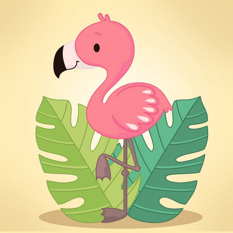 Flamingas rožinis sienų lipdukas vaikų kambariui, stovi ant vienos kojos prieš didelius tropinius lapus