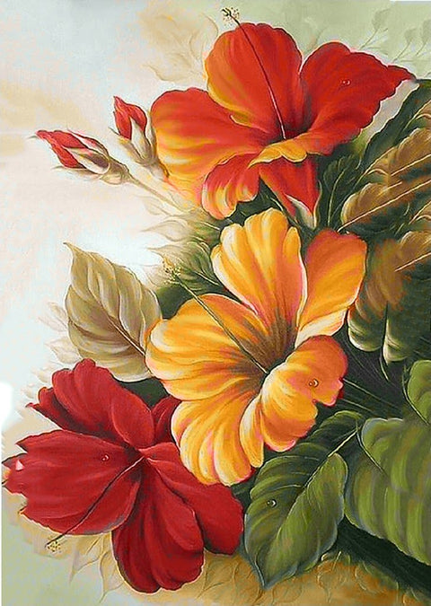 Sieninis paveikslas su raudonomis ir geltonomis hibisko gėlėmis, 60×90 cm, artimas kampas ir matoma aliejinė tekstūra