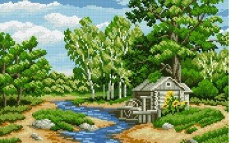 Kryželių rinkinys „Upės sodyba“ – 30×40 cm siuvinėjimo modelis su mediniu malūnėliu prie vingiuotos upės žaliai-mėlynais tonais