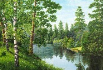 Peizažas ant drobės, žalio miško upės scena aliejumi, 60×40 cm, tinka svetainės interjerui, matomas šoninis kampas