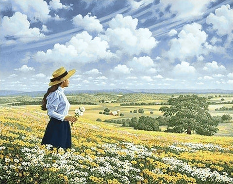 sienos paveikslas „Vasaros pieva“: moteris su skrybėle stovinti ramunių lauke, šiltos geltonos ir mėlynos tonų drobė 60×80 cm