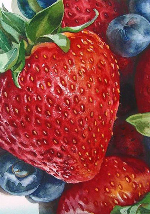Akvarelės plakatas 30×40 cm, ryškus priartintas braškių ir mėlynių fragmentas ant matinio popieriaus, skirtas virtuvės dekorui