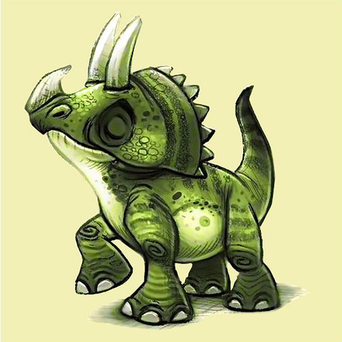 Dinozauras minkštas žalias triceratopsas vaikams, 25 cm aukščio, trys baltinti ragai, tekstūruotas šalmas ir pakelta priekinė koja