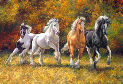 Drobė su keturiais bėgančiais žirgais rudens spalvų fone, 60×90 cm, sodrios spalvos ir detali faktūra