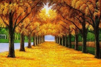 drobė „Rudens alėja“ 60×40 cm — šiltų geltonų lapų takas po medžių kupolu, tinka svetainės akcentui