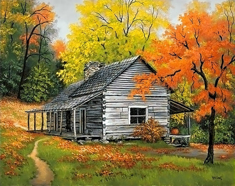 Drobė su rudens kaimo trobele: medinis baltas namelis tarp geltonų ir oranžinių medžių, 50×40 cm