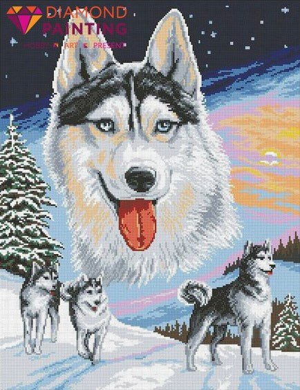Dimantinė tapyba Husky: žiemos peizažas su dideliu haskio portretu virš trijų pilkų haskių ir rausvu saulėlydžiu