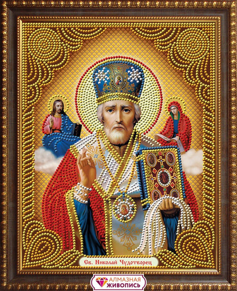 Ikona Šventojo Nikolajaus — deimantinė tapyba su auksiniu rėmu, ryškūs geltoni ir raudoni akcentai