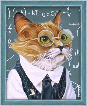 Drobė su profesoriaus katės portretu rėme — 30×40 cm, žalsvas rėmas, katė su akiniais prieš matematikos lentą