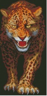 Leopardo kilimas rudos ir oranžinės spalvų, vertikalus dizainas su atvira nasrine, žengiančio gepardo poza