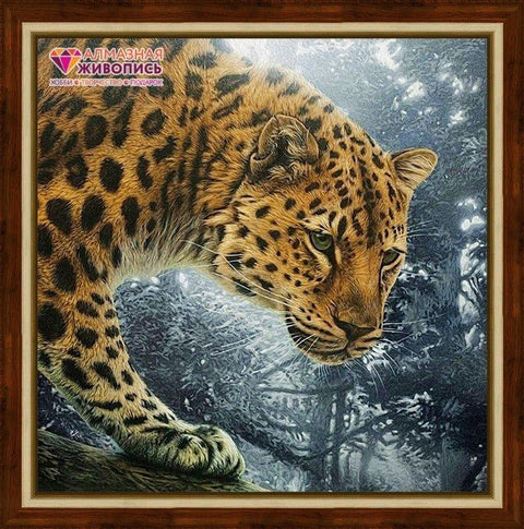 Deimantinė tapyba su leopardu — ruda leopardo galva ir priekinių letenų kompozicija rėme, snieguotame miške, logotipas viršuje
