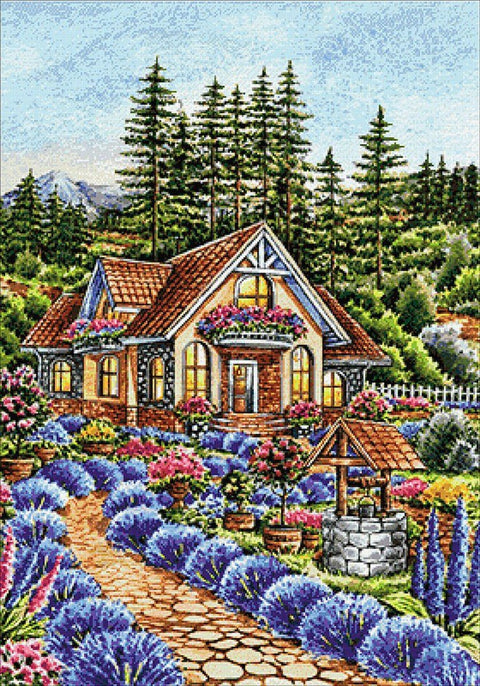 Mozaikos rinkinys vasaros sodo namelis tarp levandų ir akmeninio šulinio, detalus 40×50 cm variantas