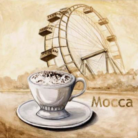 Mocca kava kremine puta baltoje porcelianinėje puodelyje, sepijos tonų fone matoma karuselės iliustracija