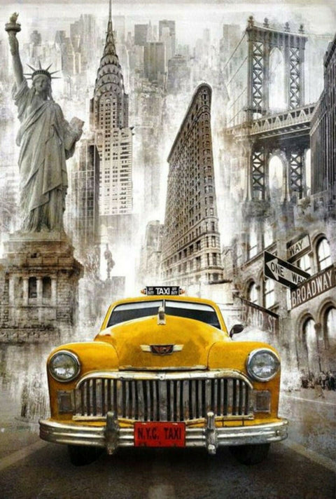 Plakatas didelio formato, vertikalus NYC koliažas su geltonu taksi priekyje, Laisvės statula ir Flatiron fone, sepija tonai