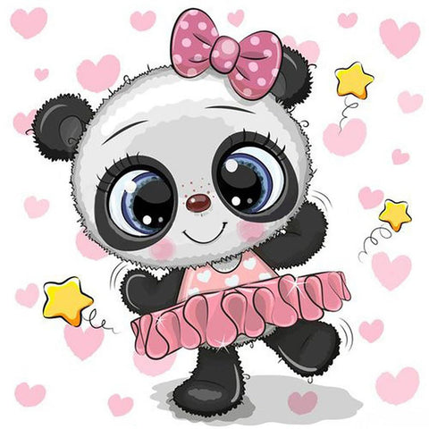 Pliušinė panda su rožiniu taškuotu kaspinu ir rožiniu sijonėliu, didelėmis mėlynomis akimis ir širdelių fonu