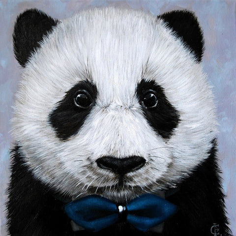 Panda paveikslas drobėje, artimas priekinis planas juodai baltas kūrinys su mėlyna peteliške, modernus sienos dekoras