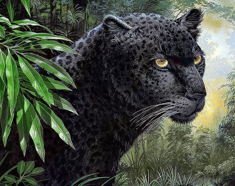 Drobė su juodu leopardu 60×80 cm, profilinis artimas kadravimas tarp džiunglių lapų, ryškus kontrastas