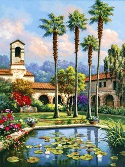 tapyba ant drobės: saulėtas mediteranietiškas kiemas su aukštomis palmėmis ir lelijų tvenkiniu, 60×80 cm