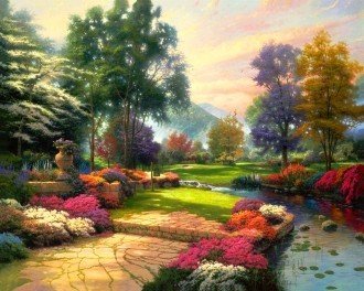 drobė spalvingas upės ir sodų peizažas, 60×40 cm rėminis variantas su ryškiais žydinčiais krūmais ir akmens takeliu