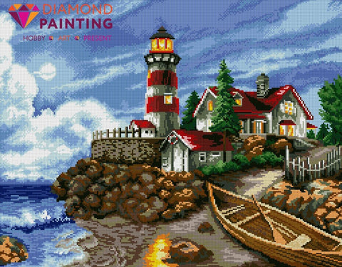 Diamond painting rinkinys jūros švyturio scena su raudonais stogais ir valtimi, detali smulkių kristalų mozaika
