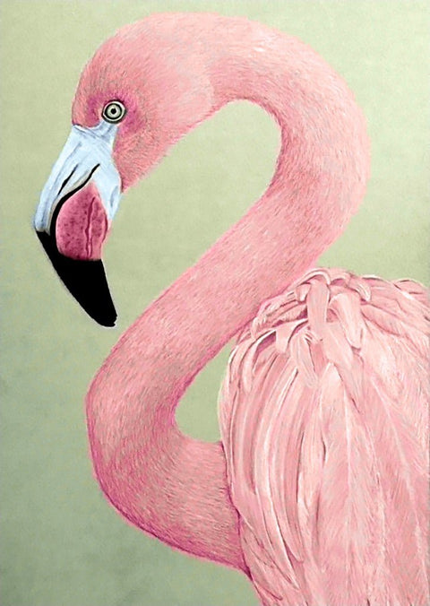 flamingo paveikslas rožinis portreto orientacijos, detalios plunksnos ir švelnus žalsvas fonas, tinka sienai