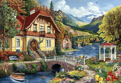 Drobė spalvingas ežero peizažas su geltonu namu, akmeniniu tiltu ir baltu paviljonu, 60×40 cm variantas