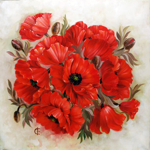 Paveikslas – raudonos aguonos ant šviesaus fono, aliejinė technika, 60×60 cm, dekoratyvi gėlių kompozicija su tekstūra