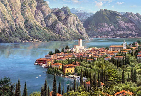 Drobės paveikslas Garda ežeras: 80×60 cm aliejinė reprodukcija su kalnų panorama ir jauku pakrantės miesteliu
