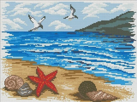 Siuvinėjimo rinkinys – jūros pakrantės motyvas su ryškiai mėlyna jūra ir raudona jūrų žvaigždė, 30×40 cm dekorui