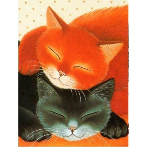 Plakatas su oranžiniu ir tamsiu katinais, besirangančiais miegant, švelnių kontūrų iliustracija, 30×40 cm
