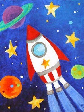 Parduodamas vaikiškas raudonas‑baltas raketos sienos plakatas su žvaigždėmis ir planetomis, matomas iš priekinio kampo