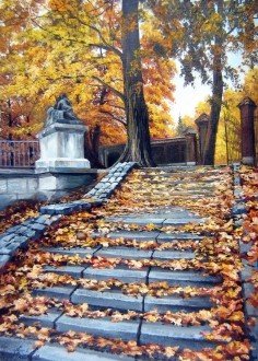 rudens parko drobė su auksiniais medžių lapais ir laiptais, 50x70 cm sienos dekoracija