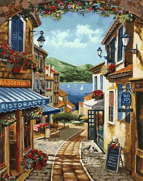 Drobė spalvingas Viduržemio priemiesčio gatvės vaizdas žiūrint link jūros, šiltos spalvos, 60×80 cm rėminė versija