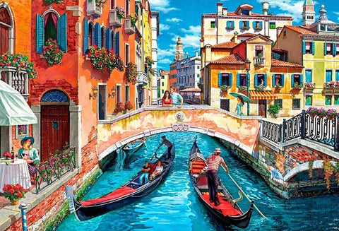 Paveikslas Venecijos kanalo su tiltu, spalvingomis namų fasadais ir plaukiojančiomis gondolomis, 60×80 cm
