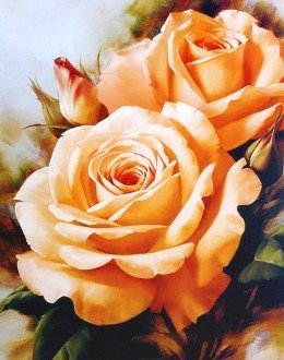 Rožių paveikslas, rankų darbo aliejinė tapyba su persikinėmis oranžinėmis rožėmis, horizontalaus formato 60×80 cm