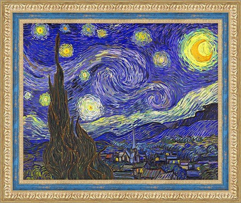 Spausdintas paveikslas Žvaigždėta naktis, didelis rėmuotas aukso rėmu 80x60 cm, sodrios mėlynos spalvos, frontalus kadras