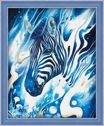 Drobė su abstrakčia mėlyna zebra, medinis šviesiai mėlynas rėmas, vertikali 60×80 cm sienai