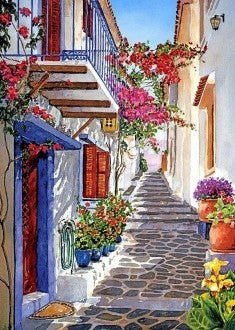 Drobė 40×60 cm, vertikalus Viduržemio stiliaus gatvės motyvas su bugenvilijomis ir ryškiomis keramikos vazomis, matoma iš apačios
