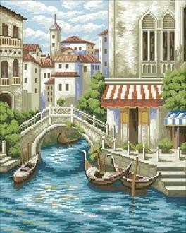 Siuvinėjimo rinkinys Venecijos kanalai, 30×40 cm, pastelinių tonų gondolos ir tiltas, detalus horizontinis vaizdas