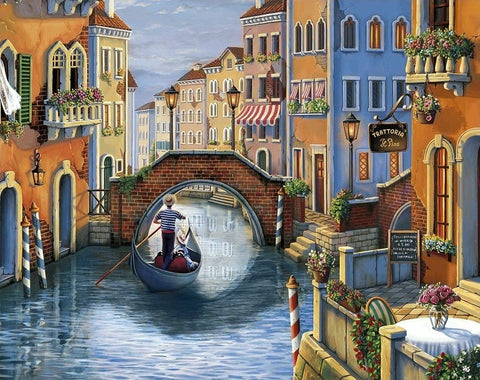 sieninis paveikslas Venecijos gondola prie akmens tilto, ryškios mėlynos ir oranžinės spalvos, matomas iš priekinio kampo su stalu ir gėlėmis pirmame plane