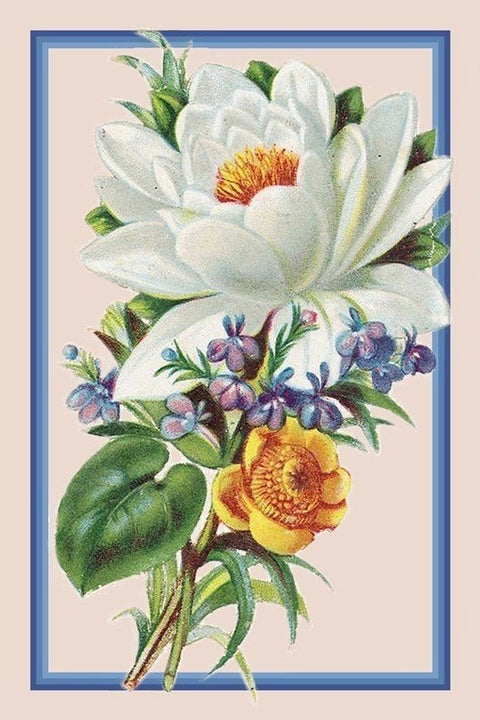 Plakatas su dideliu baltu gėlių žiedu ir geltonu akcentu, akvarelinis stilius ir siauras mėlynas rėmas, 30×45 cm