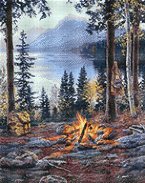 Mozaikinis paveikslas – 40x50 cm rinkinys su rudeniška ežero pakrantės stovykla ir liepsnojantis laužas