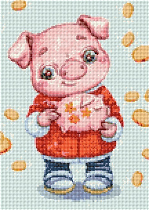 Deimantinė mozaika rožinė kiaulytė, 30×40 cm, pilnai užpildyta blizgiais aukso akcentais ir ryškiomis spalvomis, rodoma visa kompozicija