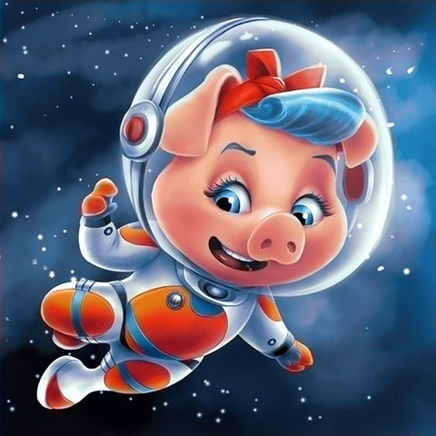 Plakatas su kiaulytės astronautės motyvu, oranžinė ir mėlyna kosminė apranga bei arti sufokusuotas kampas, skirtas vaikų kambariui