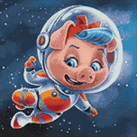 Deimantinė tapyba vaikams – spalvingas astronauto paršelio piešinys kosmose, 30×30 cm kvadratinių deimantėlių variantas