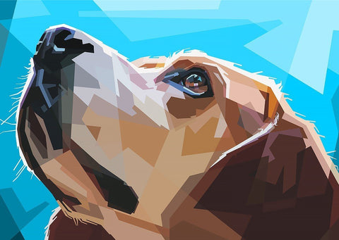 drobė su beagle šuns geometriniu piešiniu, ryškus mėlynas fonas, 60×40 cm horizontali variantas, artimas kampas