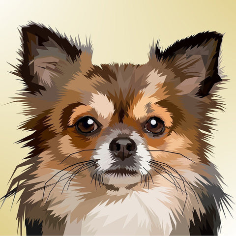 Chihuahua portretas ant drobės, stilizuotas rudos ir kreminės spalvų grafikos piešinys, arti veido, frontalinis kadravimas